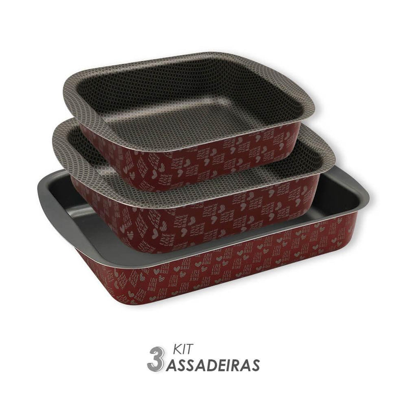 Kit Assadeiras Antiaderentes - 3 peças - Vermelha - Loja Lar Criativo