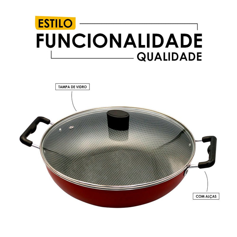 Wok Top 30cm com Tampa de Vidro e Alça - Vermelho